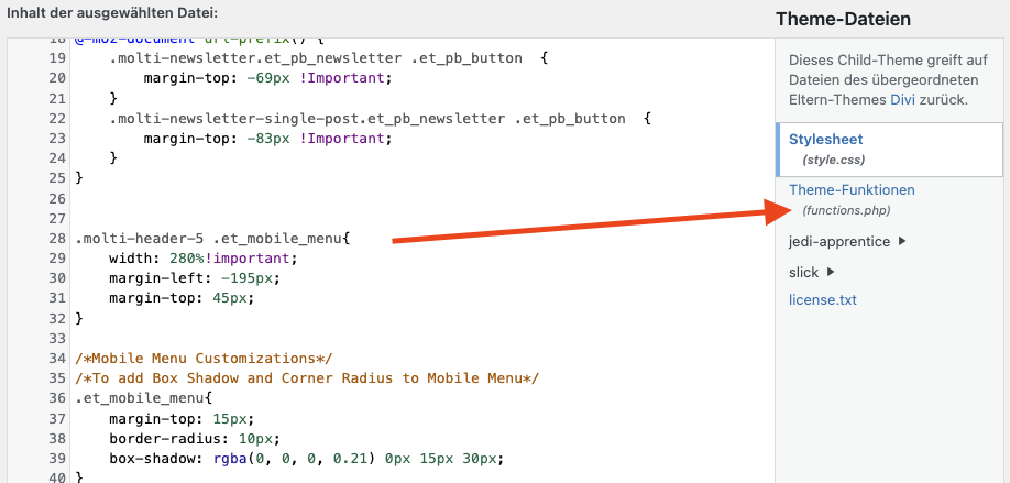 Öffne die functions.php-Datei deines Child-Themes.